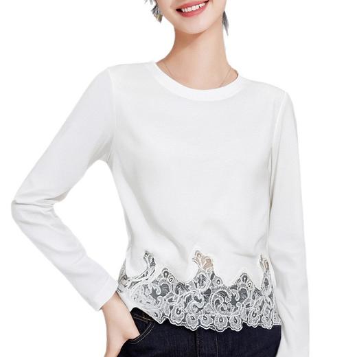 丁摩 新疆棉蕾丝下摆拼接白色T恤女长袖春季新款百搭圆领显瘦上衣6ZF-W912 商品图4