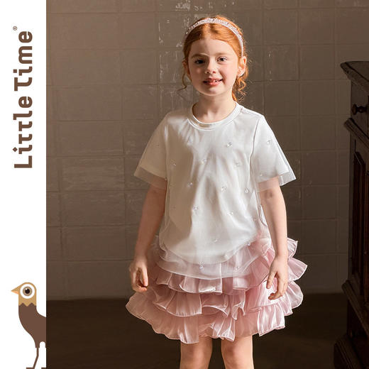 littletime法式甜美风白色圆领短袖T恤女童水晶珠子装饰上衣 商品图3