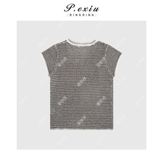 03-2潘依绣丁丁宠粉人丝和纸纱撞色肌理感短袖针织衫 Q1188 商品图1