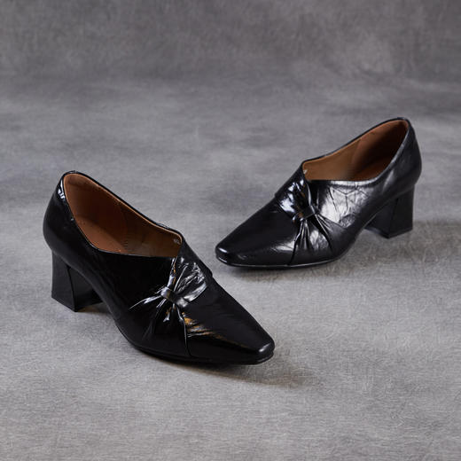 雀说 头层牛皮尖头真皮中跟小皮鞋法式粗跟单鞋女ZM269069 商品图3