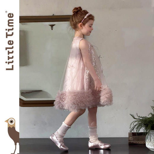 littletime亮片蝴蝶结网纱连衣裙女童公主裙粉色蓬蓬礼服背心裙 商品图3
