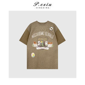 03-2潘依绣丁丁宠粉减龄动物场景撞色印花圆领短袖T恤Q79433