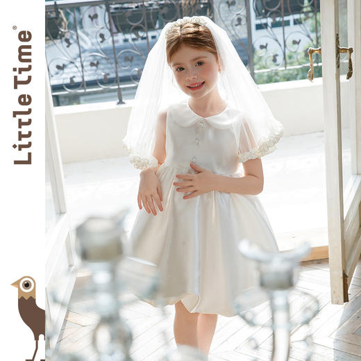 littletime白色娃娃领泡泡袖韩式婚礼水光缎花童婚纱连衣裙带头纱 商品图1