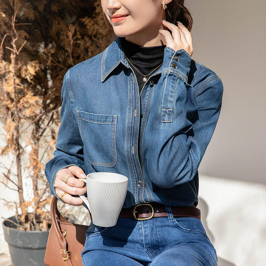 百媚生 叠穿设计感小众复古港味蓝色牛仔衬衫965 商品图2
