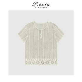 03-2潘依绣丁丁宠粉重工手钩花边镂空圆领上衣Q9768