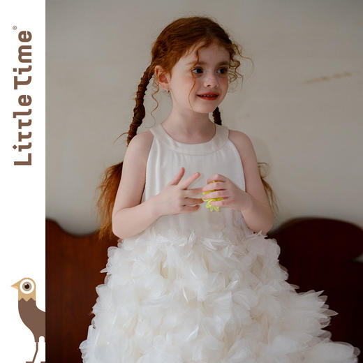 littletime26春夏女童公主婚纱挂脖网纱连衣裙白色立体花朵蛋糕裙 商品图3