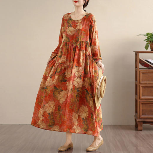 百媚生 复古文艺印花连衣裙女春秋长袖亚麻棉长款大摆宽松花边裙 商品图0