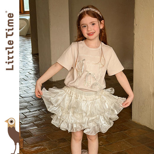 littletime美式甜心风刺绣印花T恤女短袖圆领白色度假风上衣 商品图2