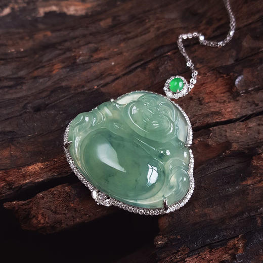 【天然正品】A货翡翠AU750白金豪镶钻镶天然细腻冰种飘蓝花佛公翡翠吊坠项链030326NJT18 商品图5