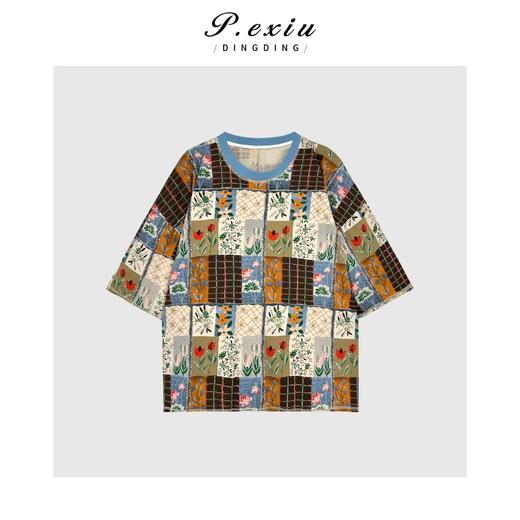 03-2潘依绣丁丁宠粉印花领口撞色开叉圆领短袖T恤Q30154 商品图0