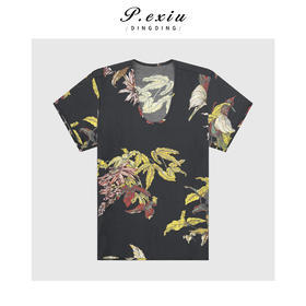 03-2潘依绣丁丁宠粉桑蚕丝度假风植物印花U领短袖 GH062