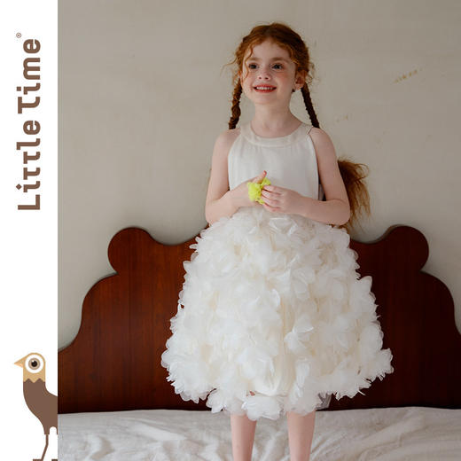 littletime26春夏女童公主婚纱挂脖网纱连衣裙白色立体花朵蛋糕裙 商品图0