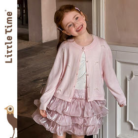 littletime甜美风粉色珍珠蝴蝶结针织开衫女童软糯披肩毛衣外套