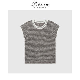 03-2潘依绣丁丁宠粉人丝和纸纱撞色肌理感短袖针织衫 Q1188