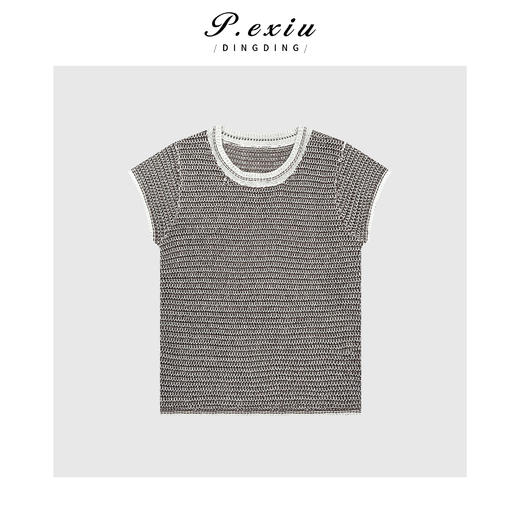 03-2潘依绣丁丁宠粉人丝和纸纱撞色肌理感短袖针织衫 Q1188 商品图0