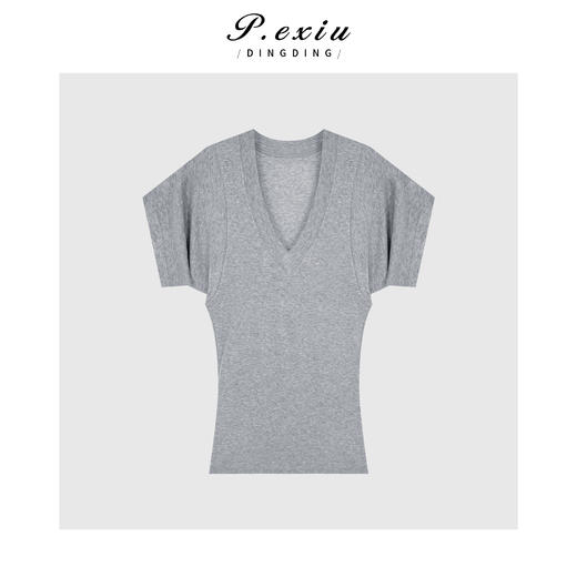 03-2潘依绣丁丁宠粉百搭显瘦小众蝙蝠袖V领T恤Q7983 商品图0
