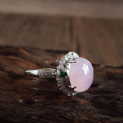 【天然正品】A货翡翠AU750白金豪镶钻镶天然细腻冰种粉紫色蛋面翡翠戒指15号（戒圈可改）280226NJT19 商品图4