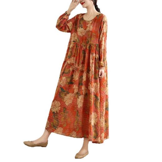 百媚生 复古文艺印花连衣裙女春秋长袖亚麻棉长款大摆宽松花边裙 商品图4