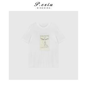 03-2潘依绣丁丁宠粉复古文艺印花图案短袖圆领T恤Q4881