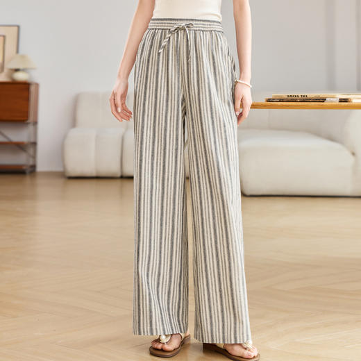百媚生 休闲条纹阔腿裤抽绳松紧高腰直筒裤BKDYL241 商品图3
