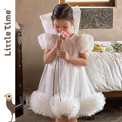 littletime女童泡泡袖亮片网纱连衣裙粉色公主洋气蓬蓬裙生日礼服 商品图3