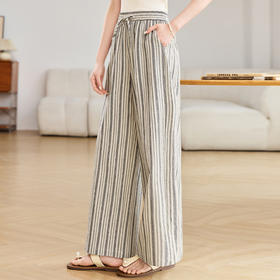 百媚生 休闲条纹阔腿裤抽绳松紧高腰直筒裤BKDYL241