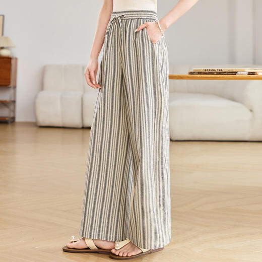 百媚生 休闲条纹阔腿裤抽绳松紧高腰直筒裤BKDYL241 商品图0