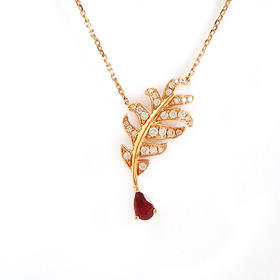 【天然正品】AU750玫瑰金镶钻镶天然羽毛造型鸽血红0.50克拉红宝石吊坠项链 45CM（长度可调节）280226NJT24