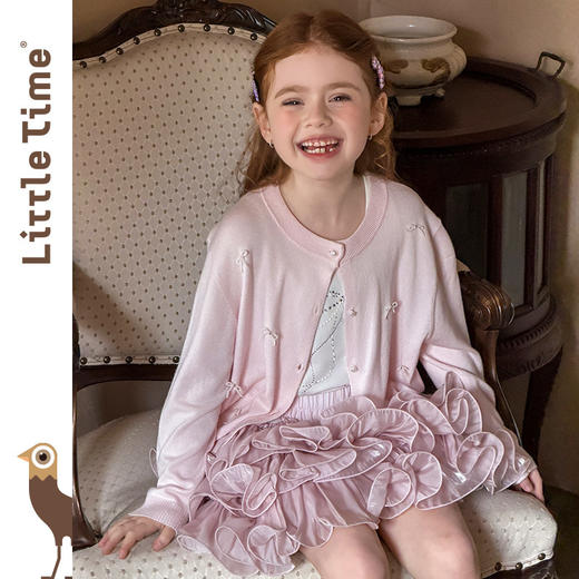 littletime甜美风粉色珍珠蝴蝶结针织开衫女童软糯披肩毛衣外套 商品图1