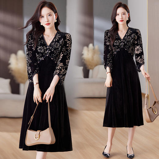 百媚生 钻石绒V领真口袋蕾丝边丝绒连衣裙6023 商品图3