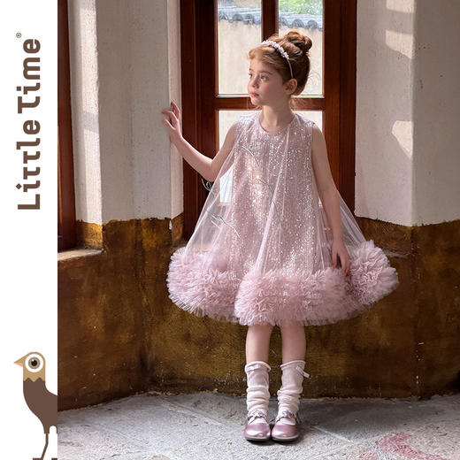 littletime亮片蝴蝶结网纱连衣裙女童公主裙粉色蓬蓬礼服背心裙 商品图1