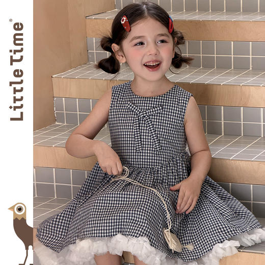 littletime甜美可爱风蝴蝶结格子连衣裙少女花边蛋糕裙显白短裙 商品图0