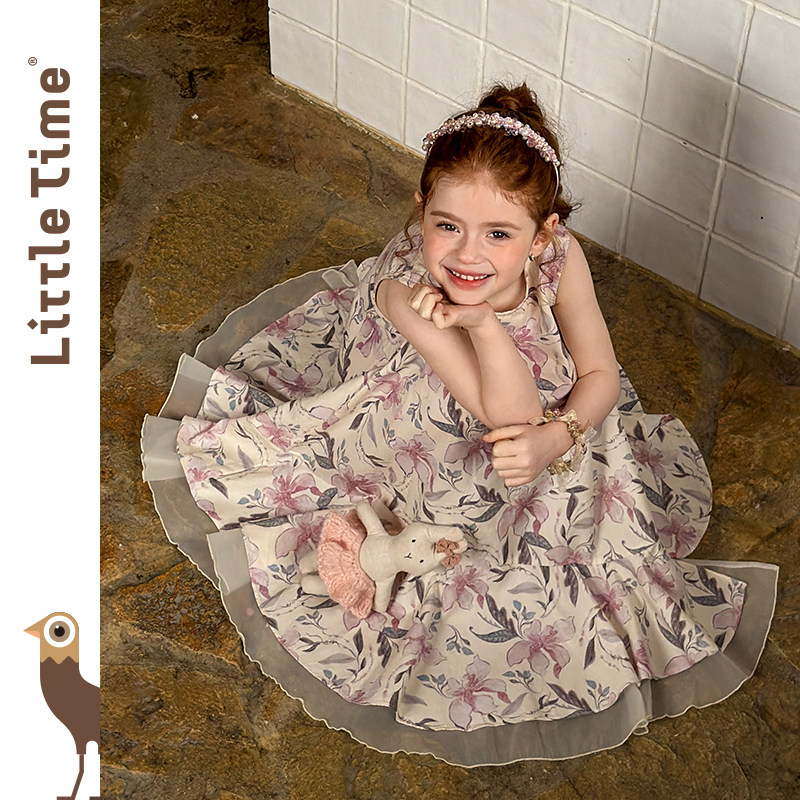 littletime26春夏女童韩国波西米亚风碎花连衣裙粉色复古田园长裙