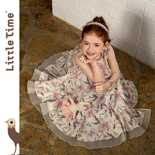littletime26春夏女童韩国波西米亚风碎花连衣裙粉色复古田园长裙 商品图0