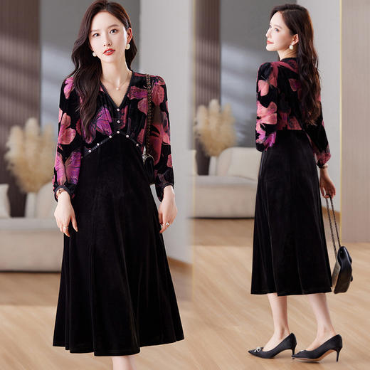 百媚生 钻石绒V领真口袋蕾丝边丝绒连衣裙6023 商品图0