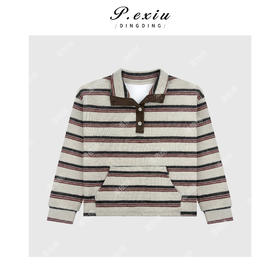 03-2潘依绣丁丁宠粉韩系宽松撞色条纹POLO领长袖针织上衣 M9152