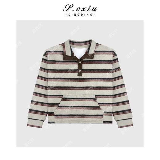 03-2潘依绣丁丁宠粉韩系宽松撞色条纹POLO领长袖针织上衣 M9152 商品图0