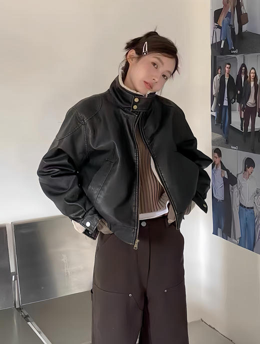 天猫同步【高奢/仿貂毛】拉夏贝尔/La Chapelle立领内里加绒PU夹克女保暖机车风时髦皮衣外套 商品图8