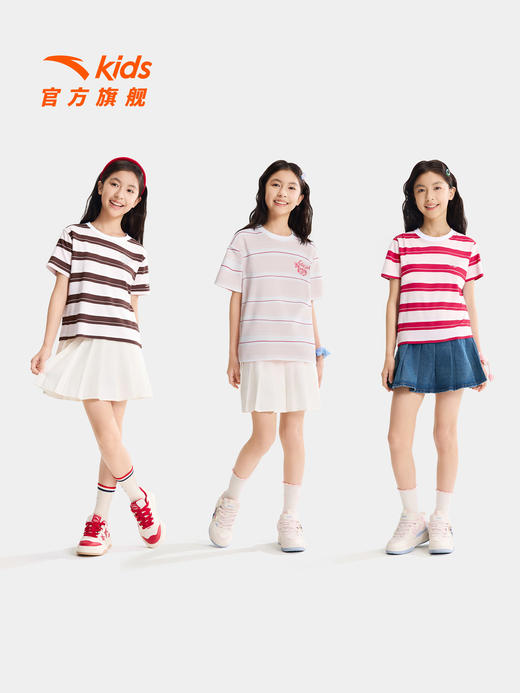 小鹿斑比IP安踏儿童短袖女童短袖衫2026年夏季新款中大童条纹短T 362628129 商品图3