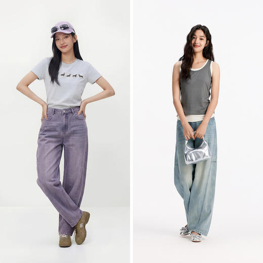 森马牛仔裤女夏纯棉分割阔腿裤做旧炸街潮酷街头复古chic弯刀长裤 商品图4