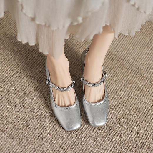 阿么手工女鞋一字带法式珍珠2026新款玛丽珍鞋子粗跟超软单鞋8CM 商品图3