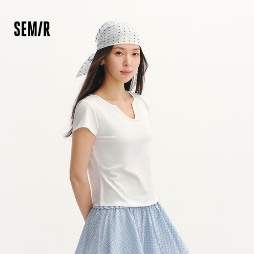 森马短袖T恤女夏季短款修身棉麻纯色正肩套头衫2026新款气质衣服 商品图1