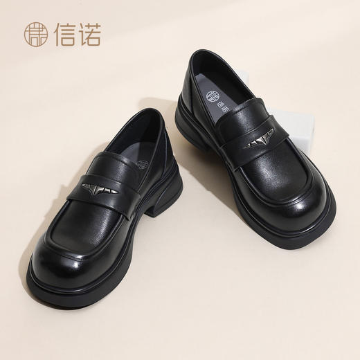 信诺妈妈鞋英伦风真皮乐福鞋女黑色一脚蹬软底小皮鞋2026春季新款X6C161-11 商品图0