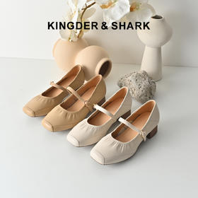 经典鲨2026年春专柜新品羊皮革复古方头低跟舒适通勤单鞋女KW57-617061