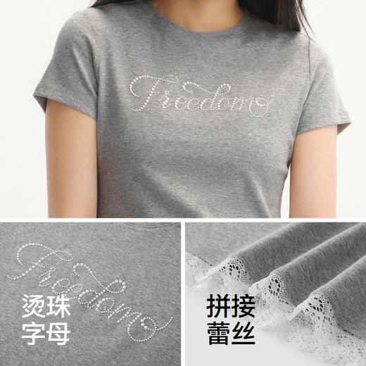 森马短袖T恤女夏季短款蕾丝假两件烫珠字母修身2026新款气质衣服 商品图3