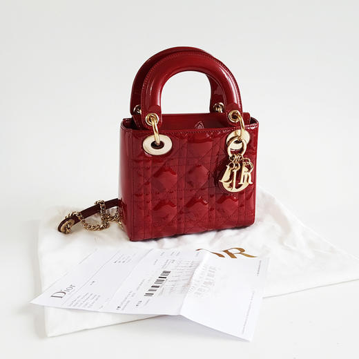 【95新】Dior迪奥迷你LADY DIOR手袋迷你红色漆皮三格戴妃链条包手提单肩包女士050326NJS15 商品图1