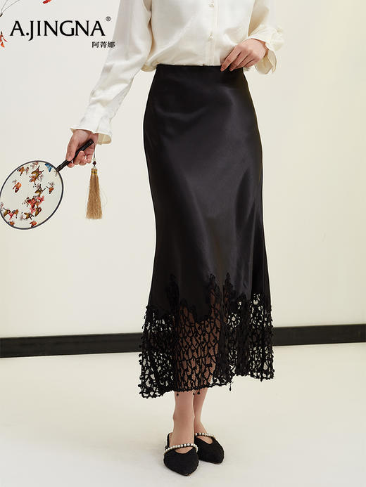 【缎面蕾丝】阿菁娜春季新款新中式缎面蕾丝拼接鱼尾裙温婉灵动东方雅致F31C213005 商品图3
