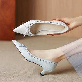 【预售5天】设计感小众铆钉浅口单鞋法式通勤蝴蝶结显瘦尖头小跟鞋DB&M6696
