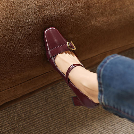 阿么手工女鞋方头复古一字带粗跟高跟鞋皮带扣百搭气质单鞋女7CM 商品图2