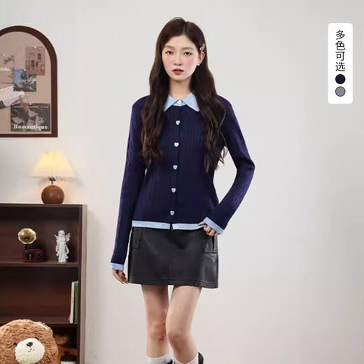 西遇拼接假两件针织外套女2026春季新款翻领麻花爱心纽扣毛衣开衫SS060074 商品图0